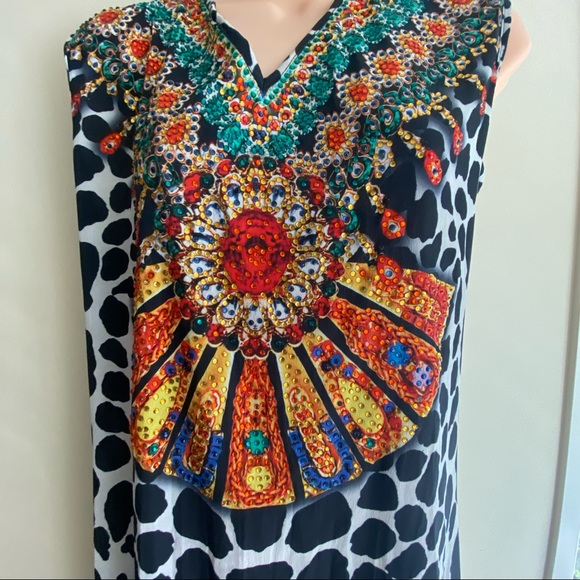 HENI Brand Kaftan Size 16 Maxi Dress Black White Beaded Sleeveless V Neck - Picture 10 of 11